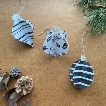 Monochrome set of 3 Eco Handprinted 3D Wooden Baubles.