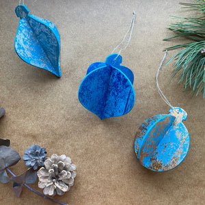 Turquoise set of 3 Eco Handprinted 3D Wooden Christmas Decorations by Gem Blastock