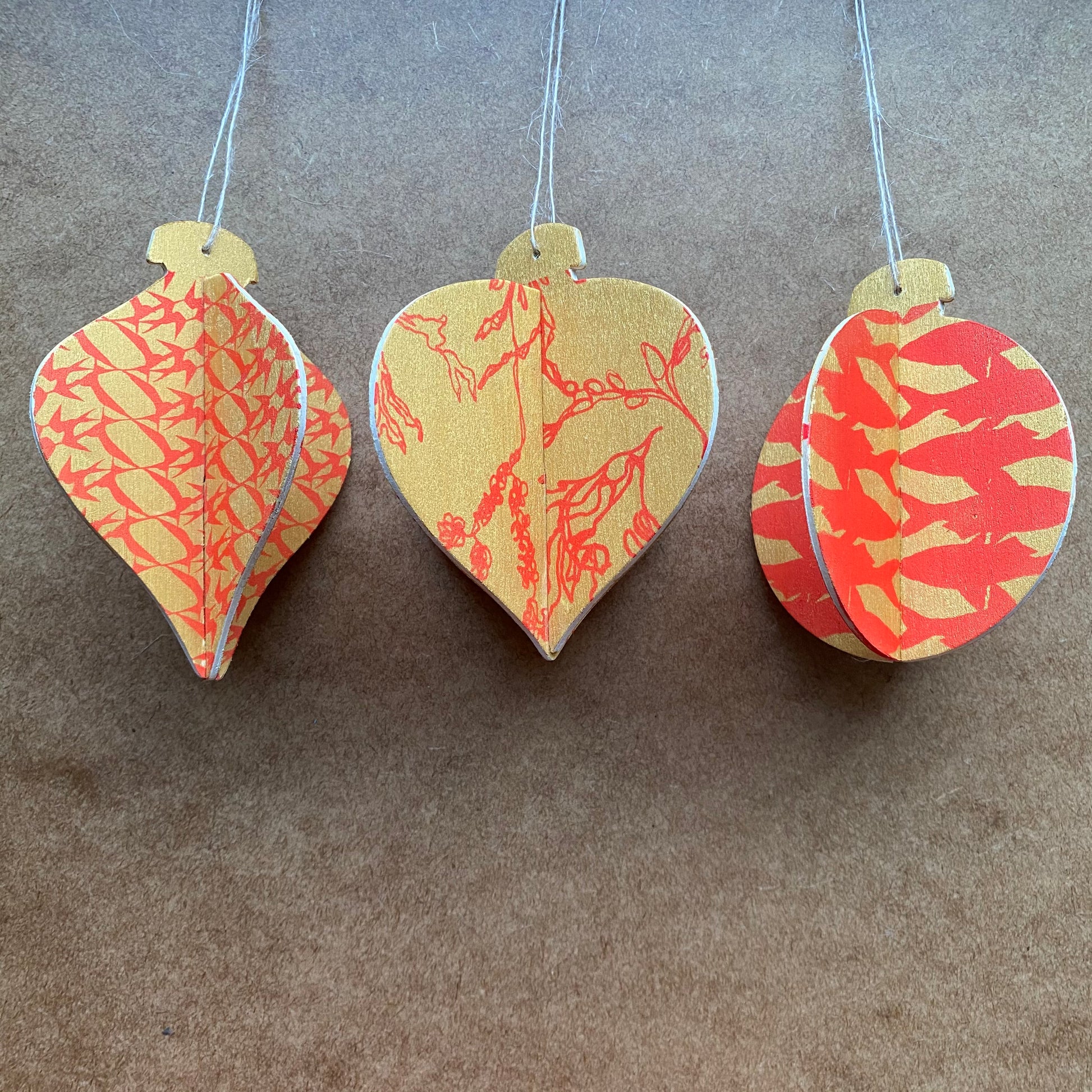 Gold & Red set of 3 Eco Nautical 3D Wooden Baubles, by Gem Blastock