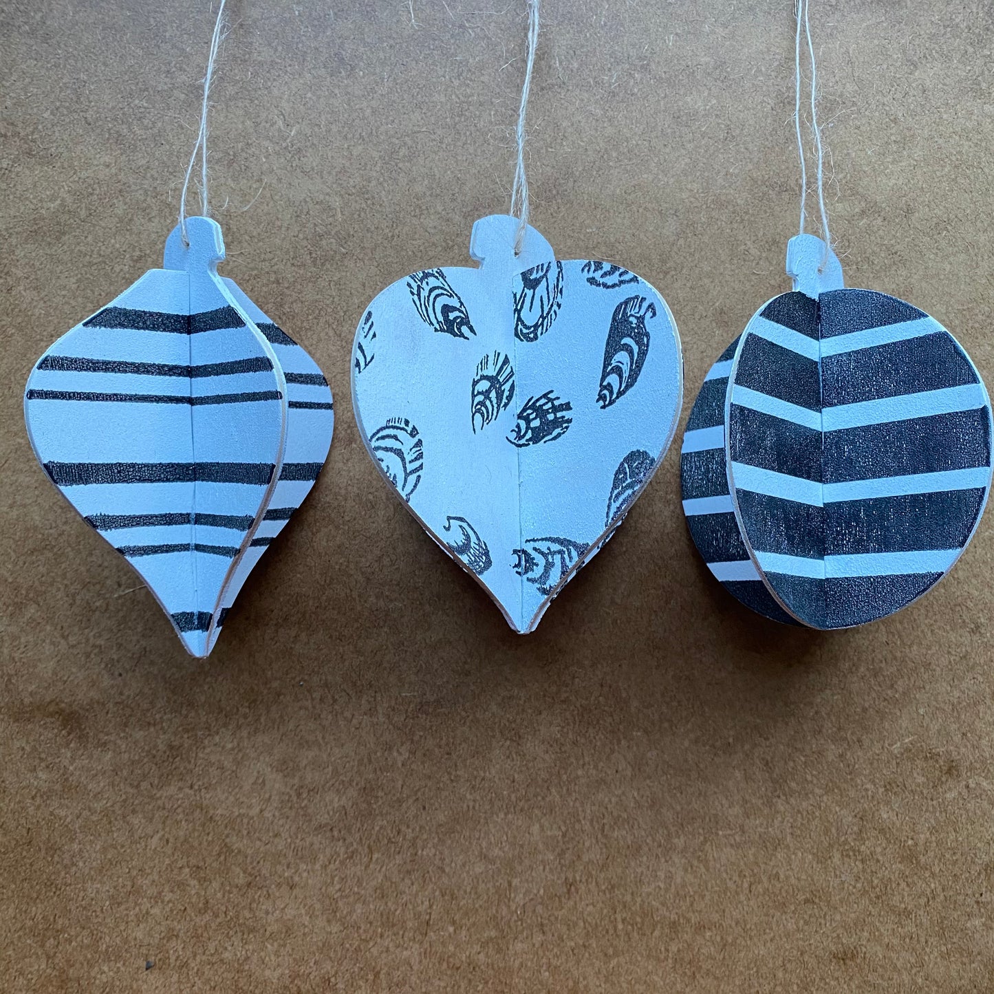 Monochrome set of 3 Eco Handprinted 3D Wooden Baubles.