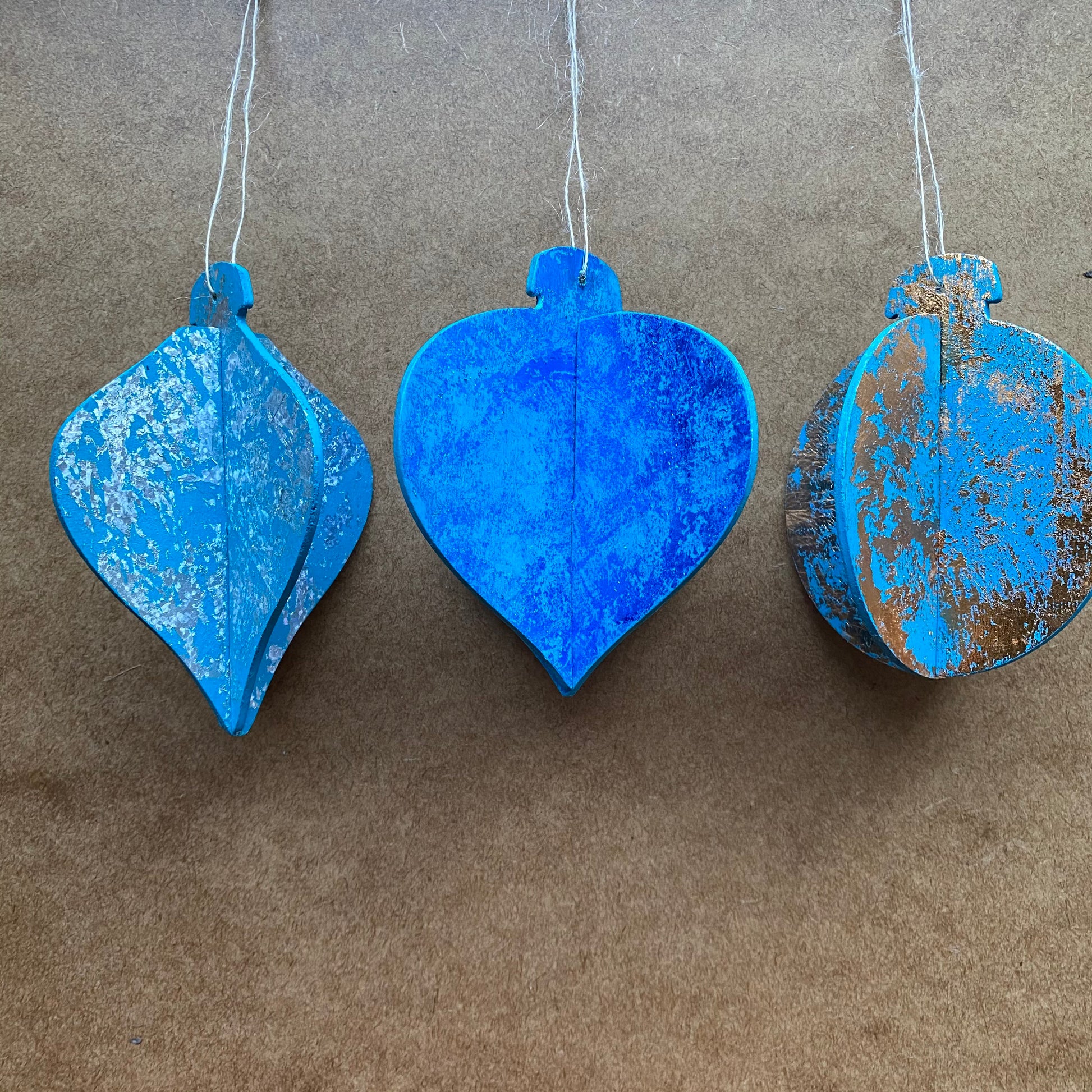 Turquoise set of 3 Eco Handprinted 3D Wooden Christmas Decorations by Gem Blastock