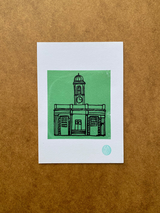 The Droit House shrouded in sea green, A5 sustainable 2 colour print
