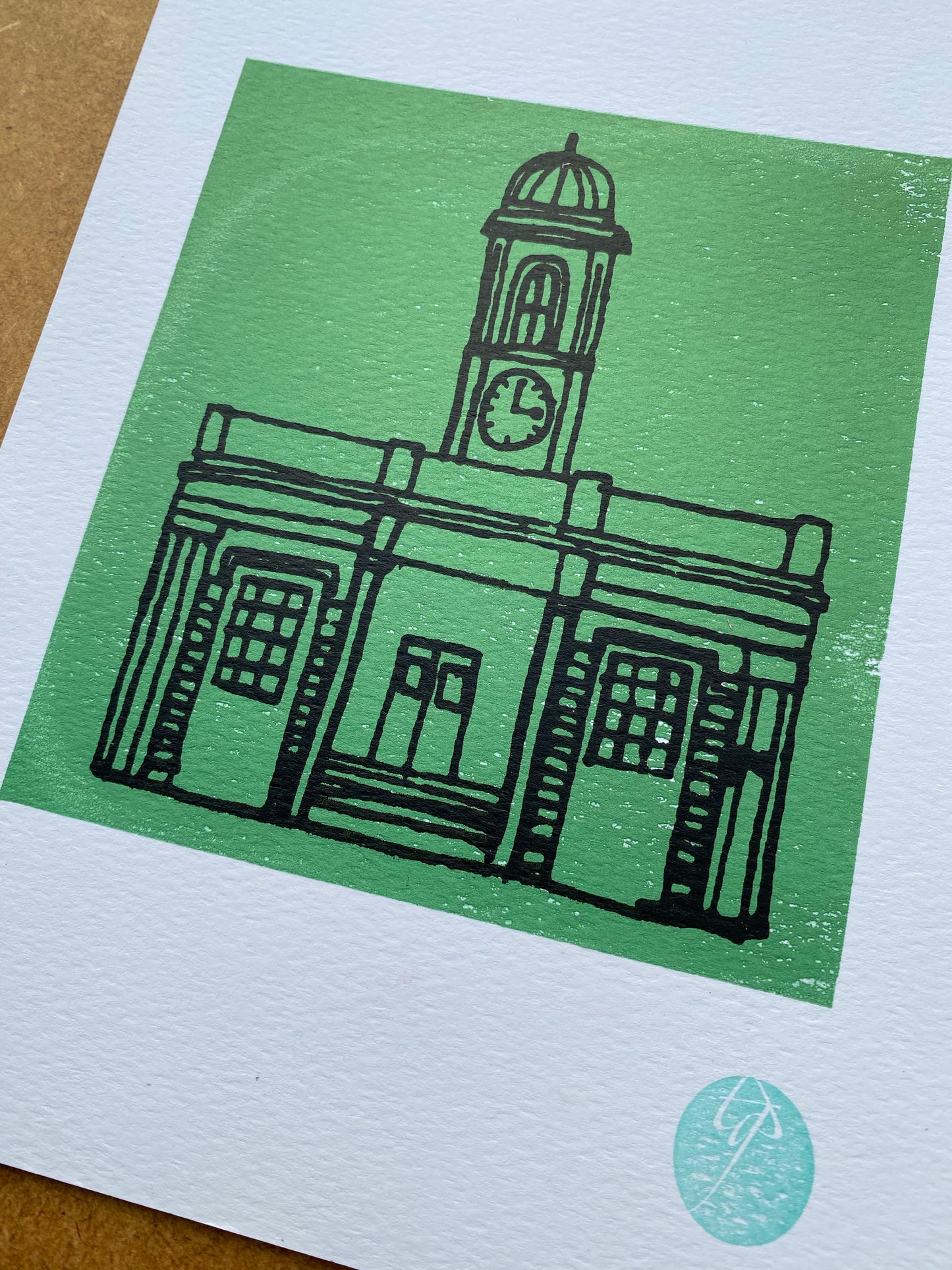 The Droit House shrouded in sea green, A5 sustainable 2 colour print