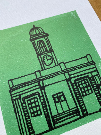 The Droit House shrouded in sea green, A5 sustainable 2 colour print